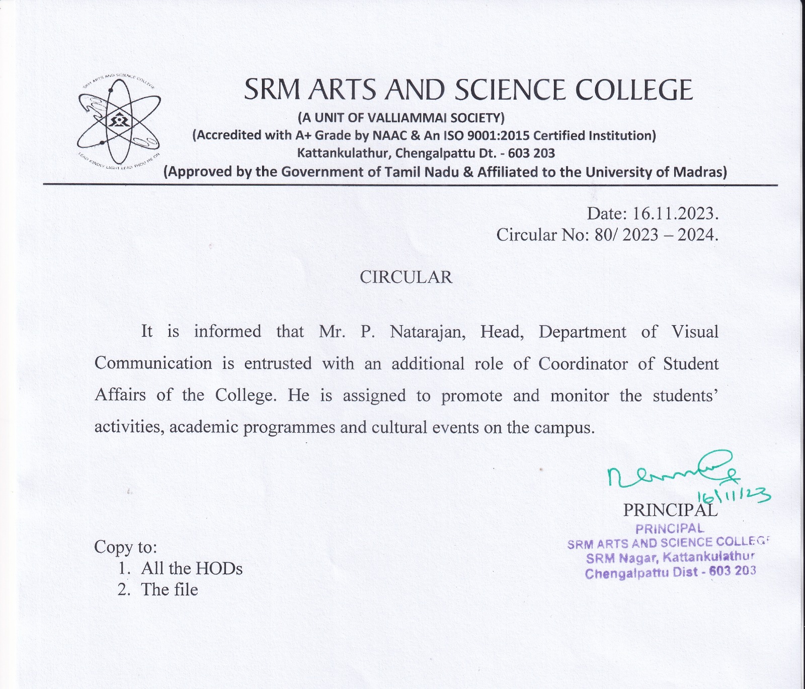 Circular No 80/2023-2024 - SRM Arts and Science College