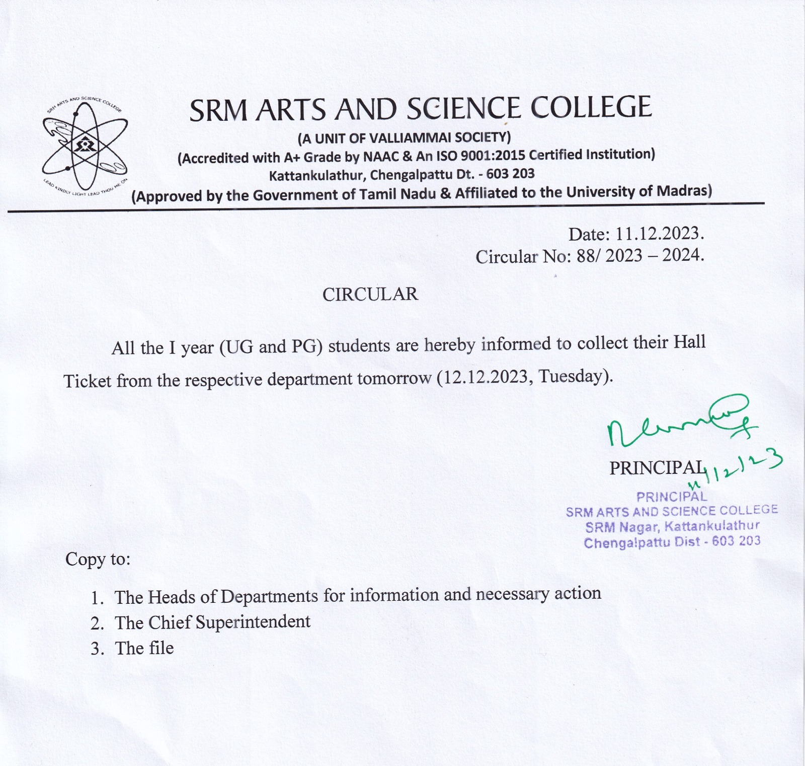 Circular No 88/2023-2024 - SRM Arts and Science College