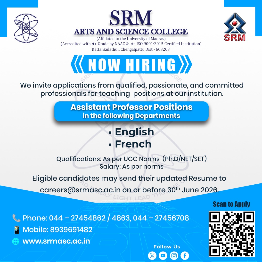 SRM Arts and Science College - Wanted: Assistant Professors for English and French